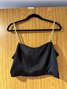 Express Black satin Crop Tank with gold chain straps